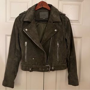 Dark olive green suede moto jacket